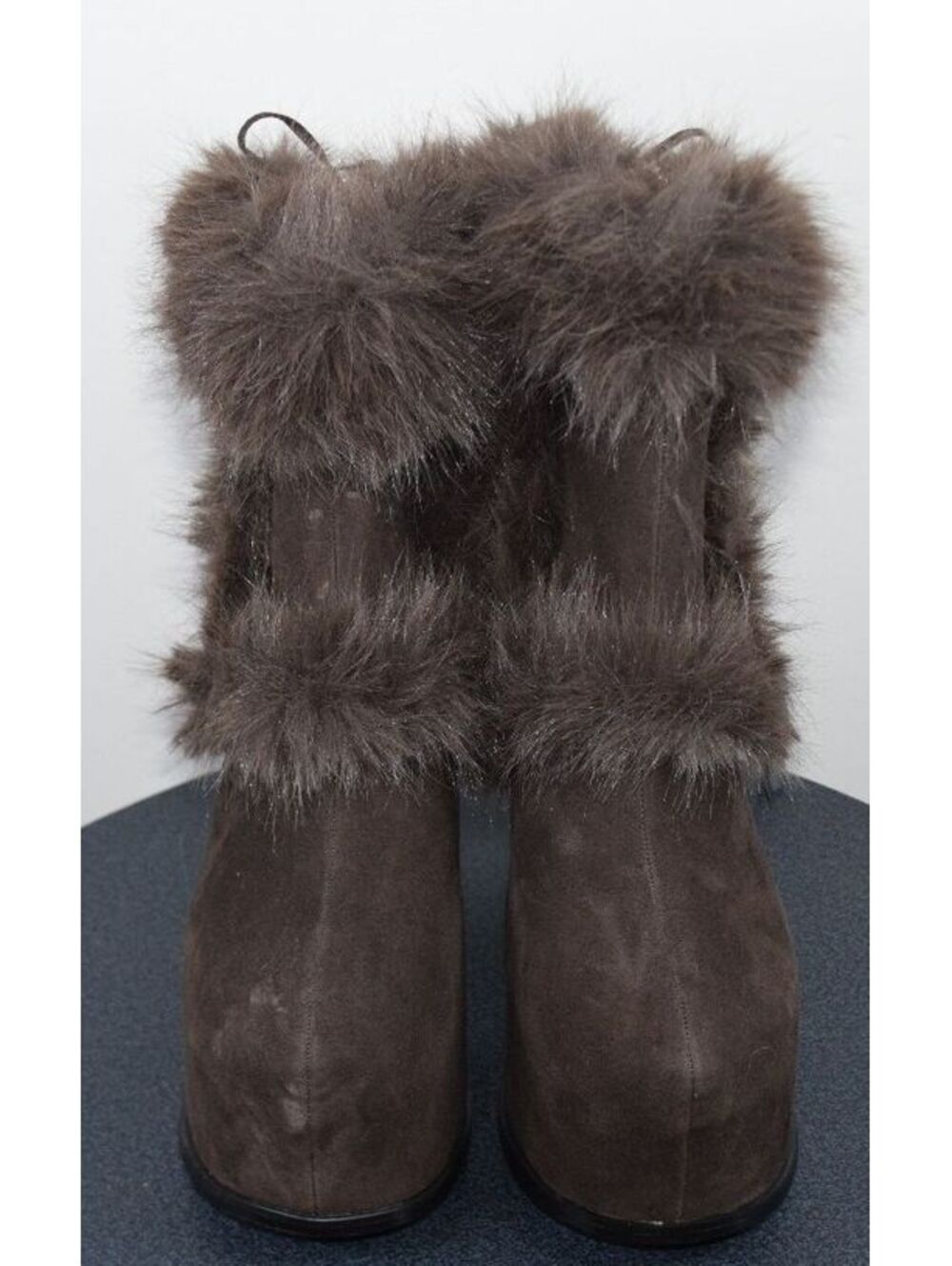 Dolls Kill Fur Trim Suede Platform Boots Brown Chunky Heel Mid-Calf, Size 10